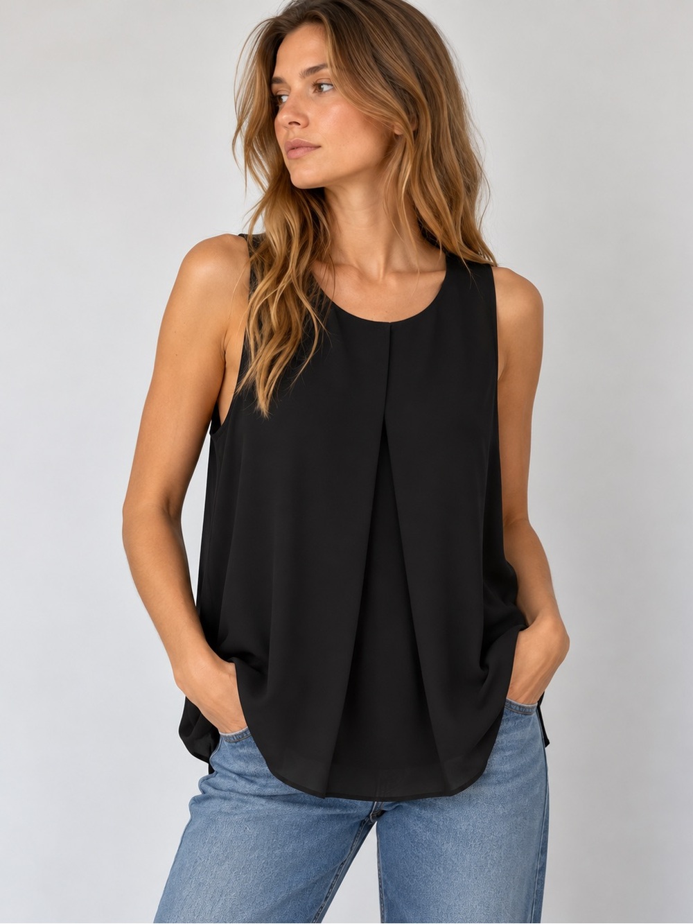 🐝MAKE OFFER🐝 Alex & Alex Black Pleated Front Tank Top Sleeveless Blouse Sz MED